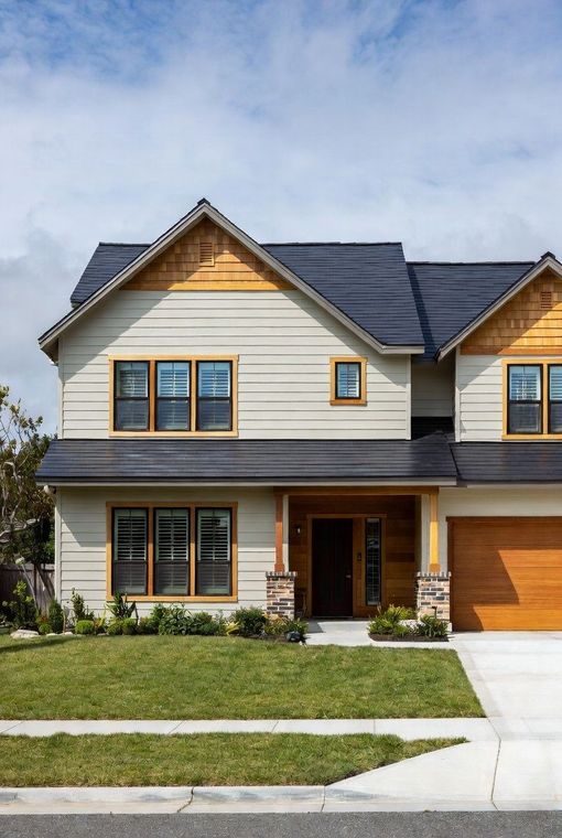 Two-story house with tan siding, brown trim, dark roof, and a green lawn.