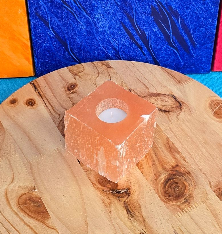 Zoutsteen waxinelichthouder orange kubus