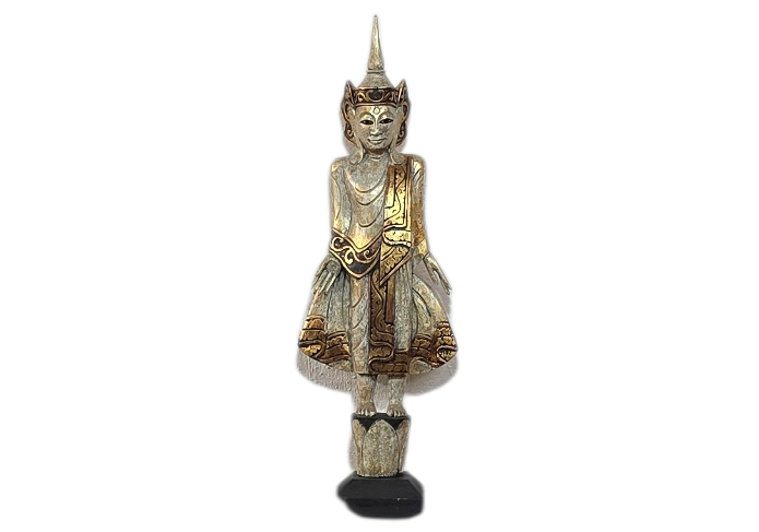 Ornament in de vorm van een kerstboom met gouden en zilveren details en een zwarte voet.