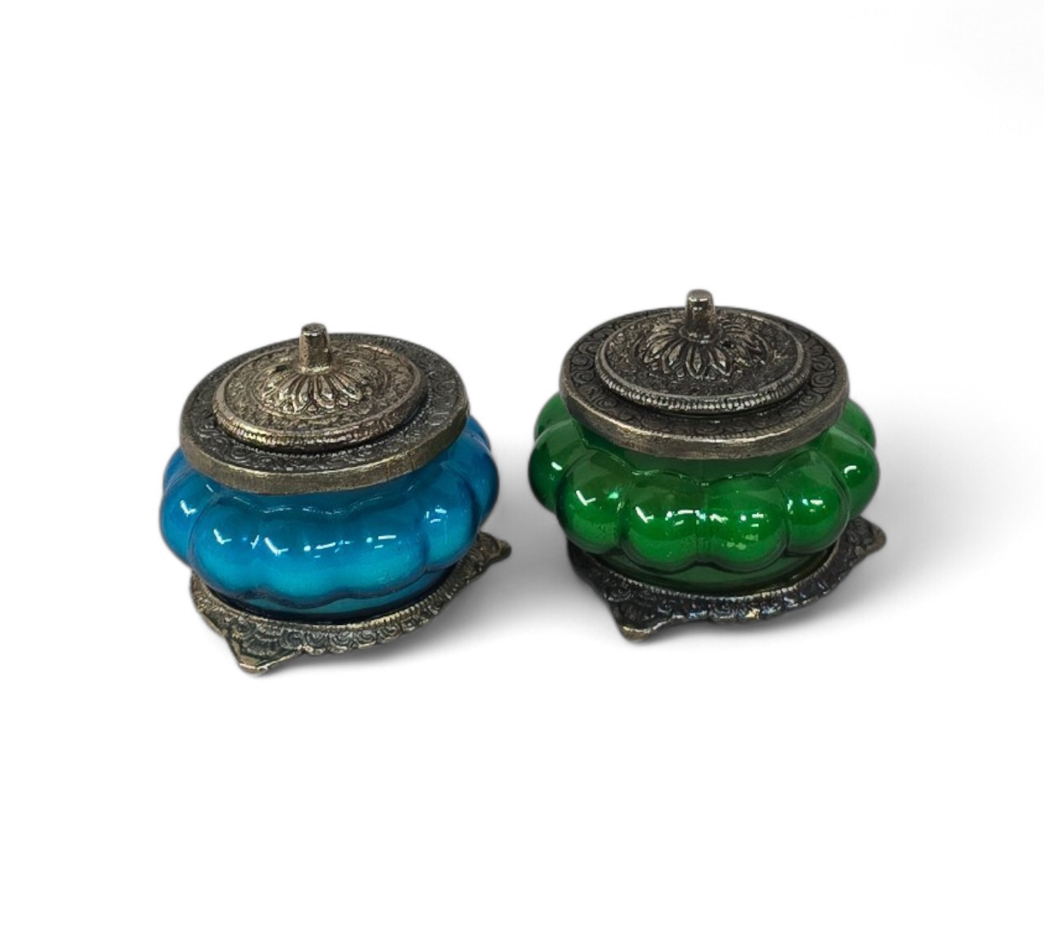 Geurkaars in blauw\groen handgemaakte kandelaar