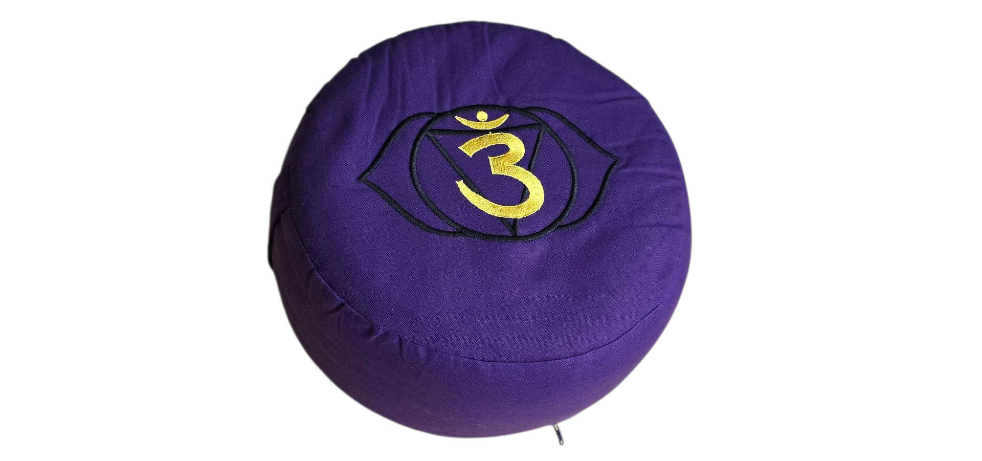 Paars meditatiekussen met gouden Om-symbool en oogembleem.