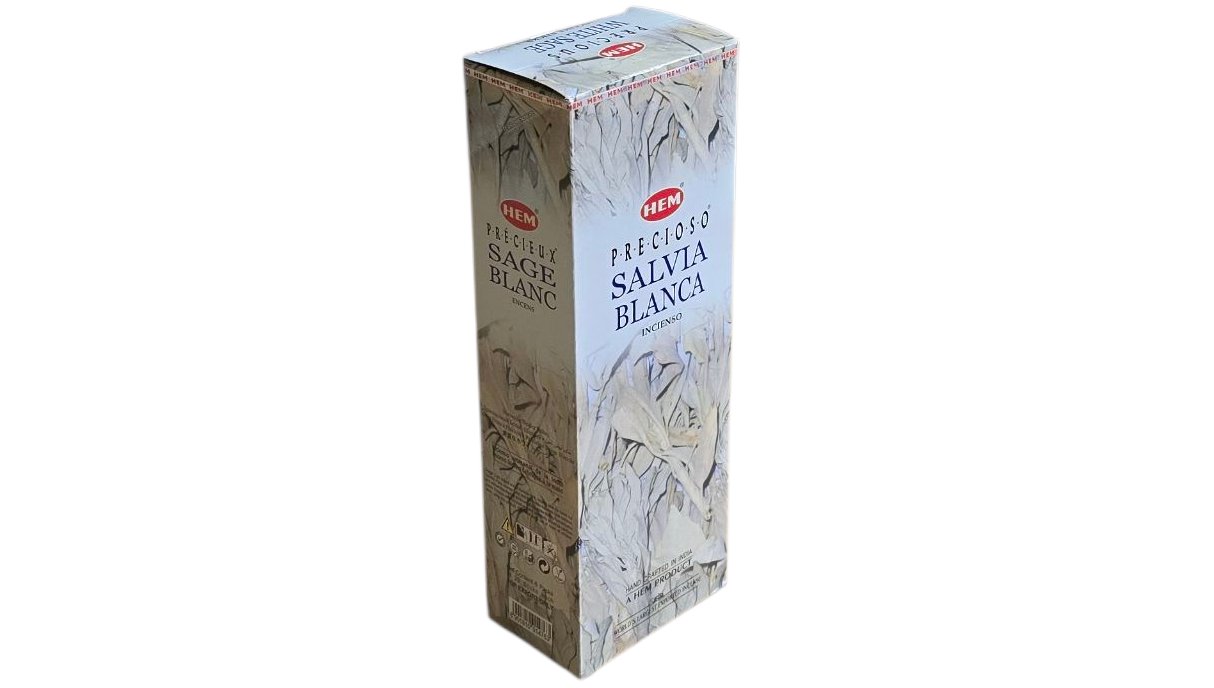 Witte sage wierook doos met een licht gespikkeld patroon en Japanse tekst.