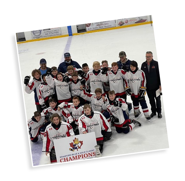 A hockey team is posing for a picture on the ice