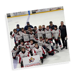 A hockey team is posing for a picture on the ice