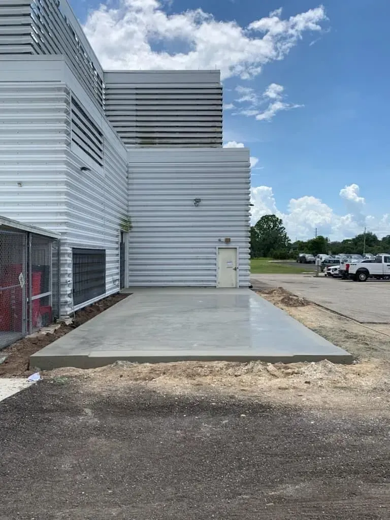 A concrete driveway is being built in front of a building.