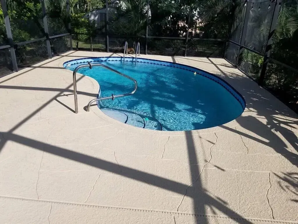 A large swimming pool is surrounded by a screened in area.