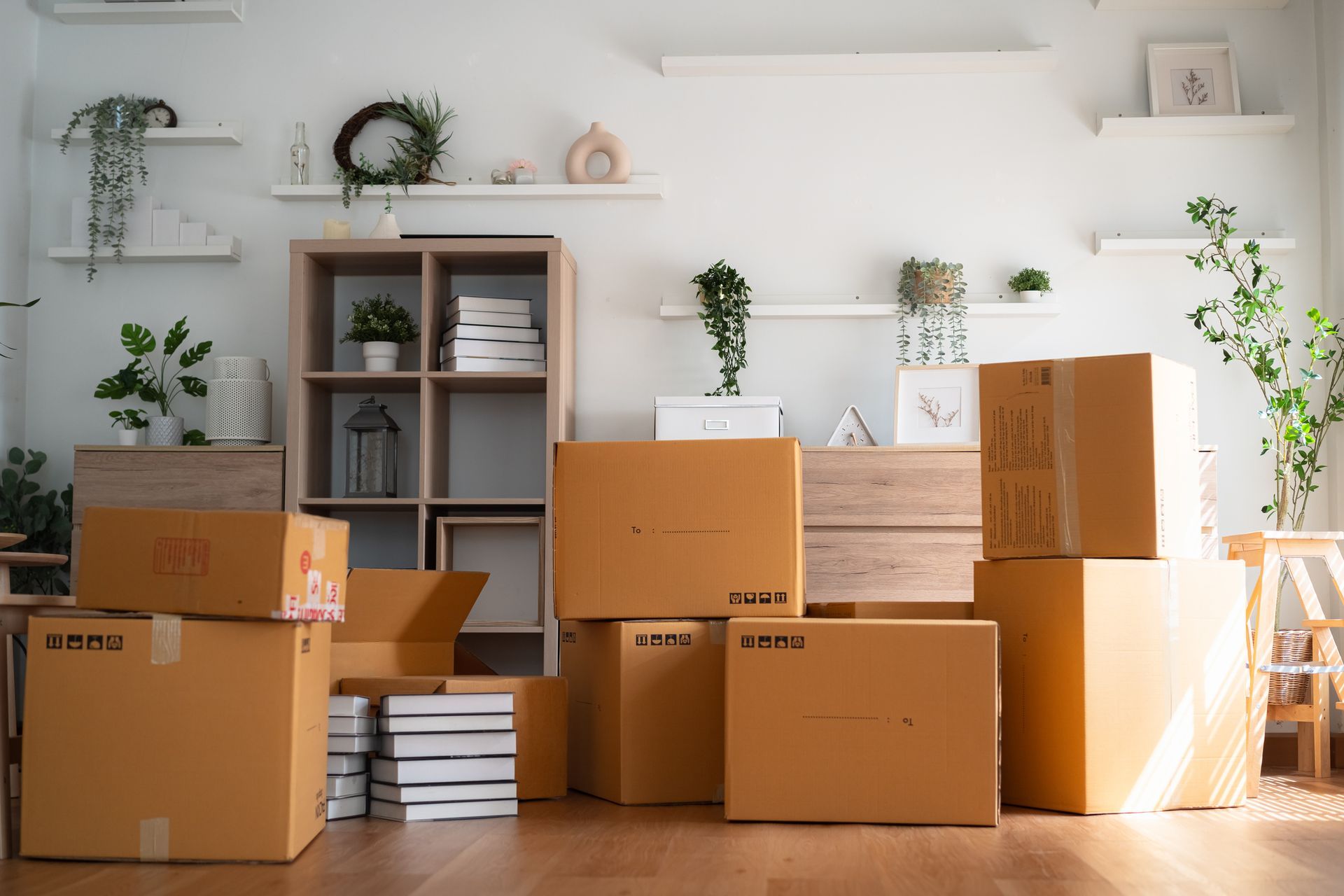 Cardboard boxes stacked in a room, ready for a move, near wooden furniture and shelves with plants.