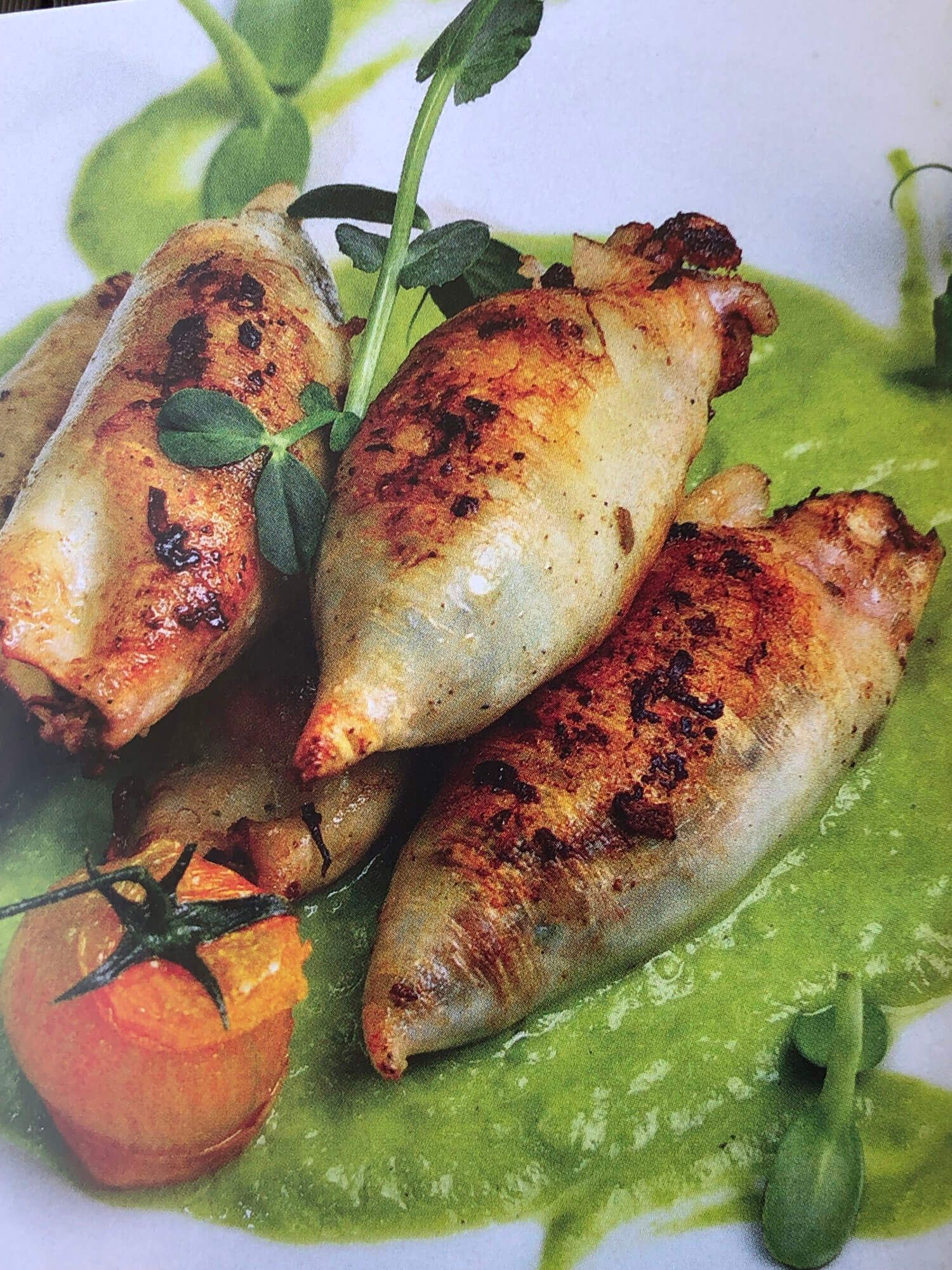 Algarve: eine Nahaufnahme von einem Teller mit Tintenfischen mit grüner Soße