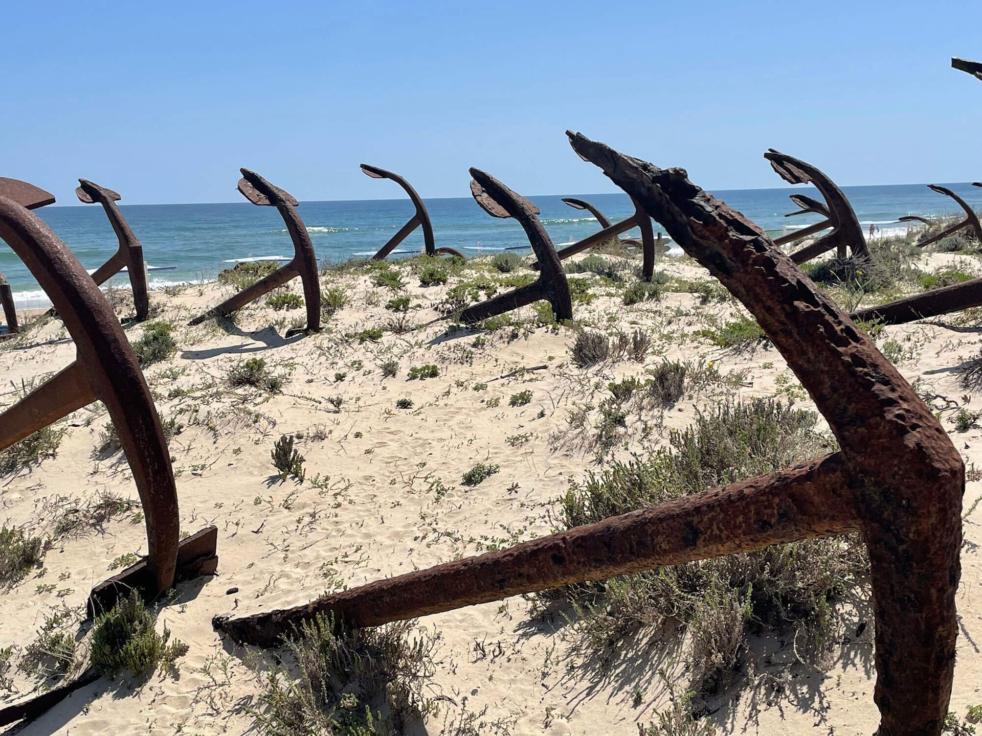 Eine Reihe rostiger Anker an einem Sandstrand in der Nähe des Ozeans an der Algarve