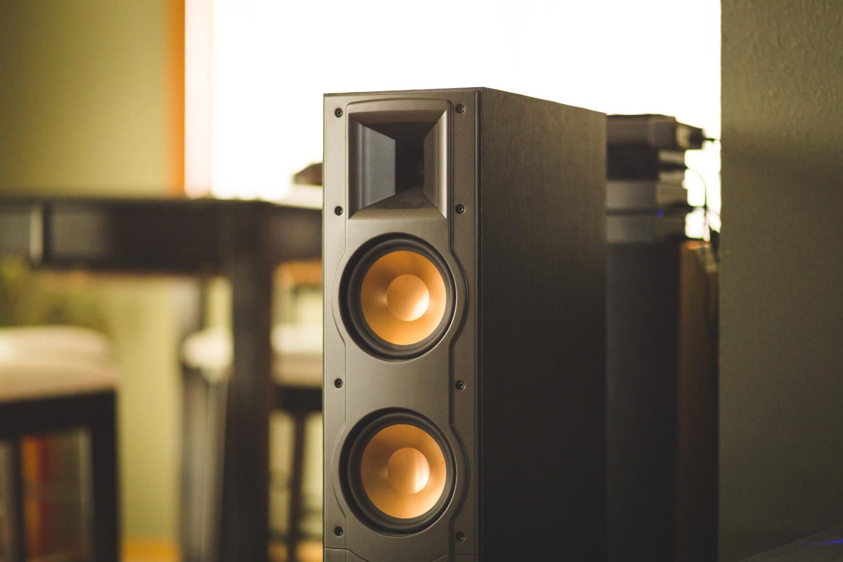 Black speaker with two copper-colored drivers in a softly lit room