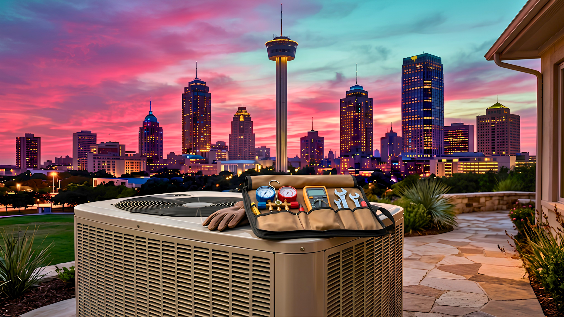 Outdoor air conditioner unit with a top fan and metal grille
