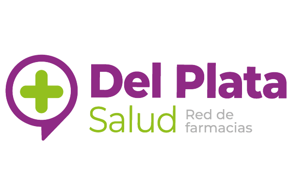 Logotipo de Del Plata Salud, una red de farmacias. Símbolo de cruz morada y verde con texto sobre fondo blanco.