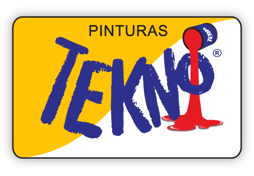 Logotipo de TEKNO Paints: Marca denominativa azul sobre una figura amarilla. Pintura roja saliendo de una lata.
