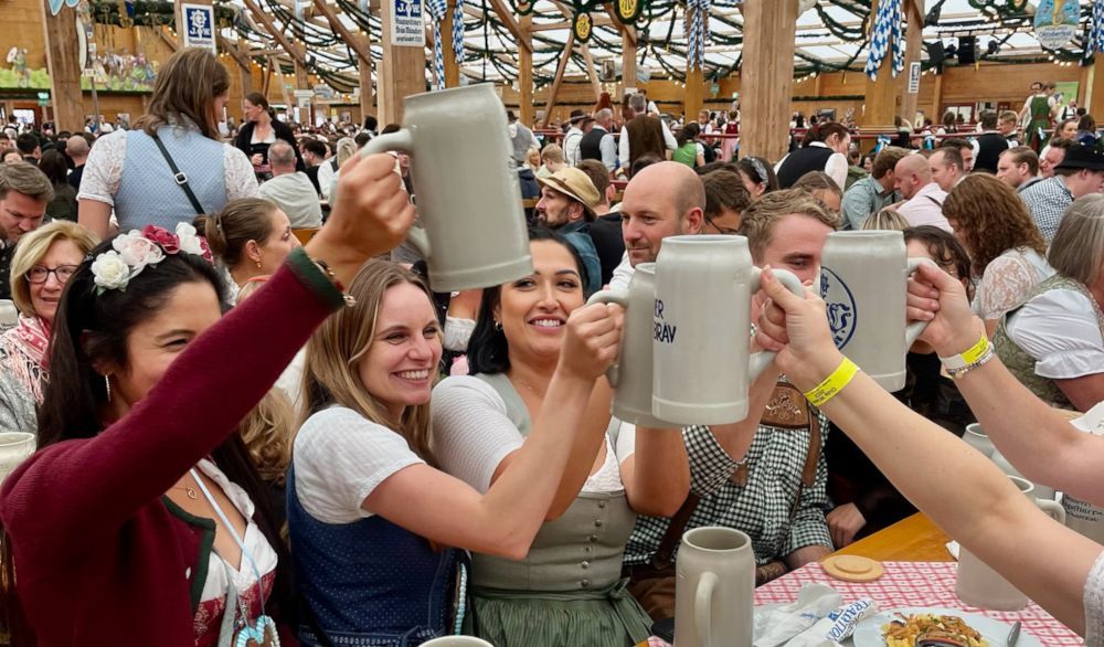 Oktoberfest tour group in traditional tent at Old Oktoberfest Munich