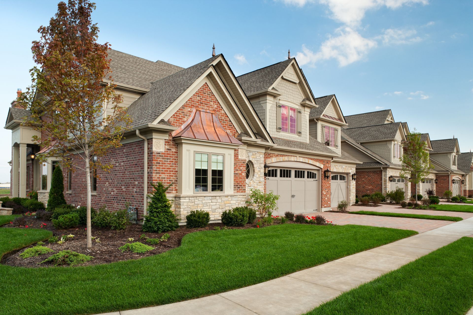 a row of houses on a residential street with a fire hydrant on the side of the road