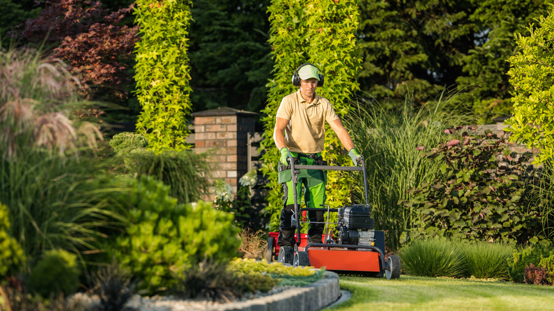 Man mowing a lawn in a garden, wearing safety gear.