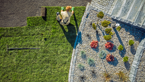 Gardener installing sod beside a landscaped bed with various plants and a stone walkway. Overhead view.