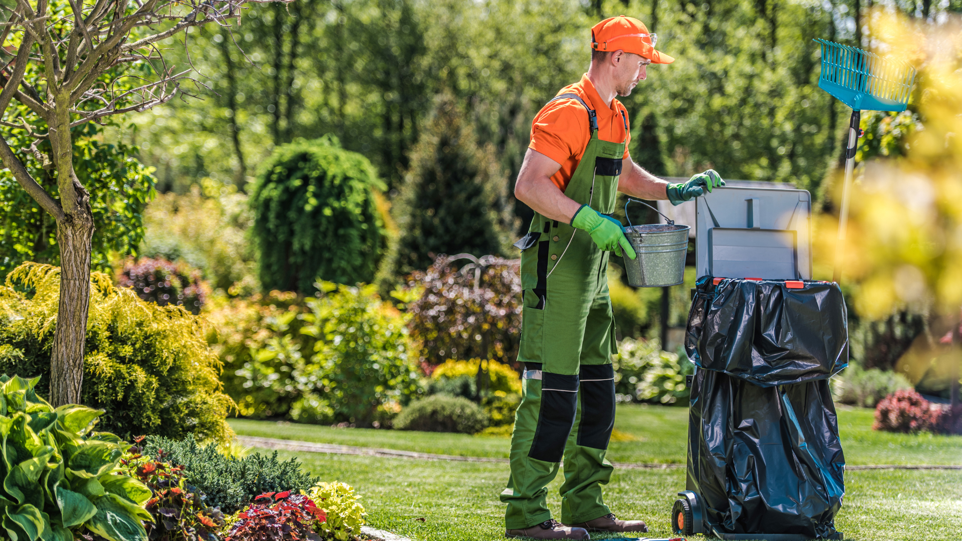 Gardener in orange shirt and green overalls emptying a container into a black trash bag in a sunny garden.