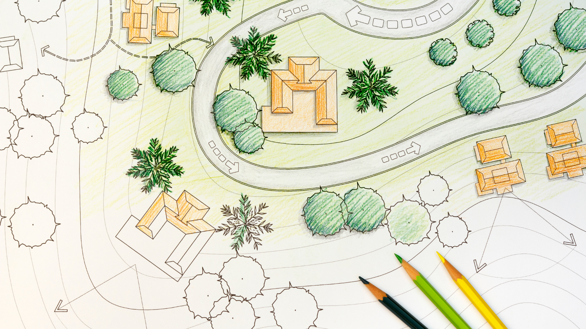 Landscape architectural plan, hand-drawn with green and yellow colored pencils, depicting building, trees, pathways
