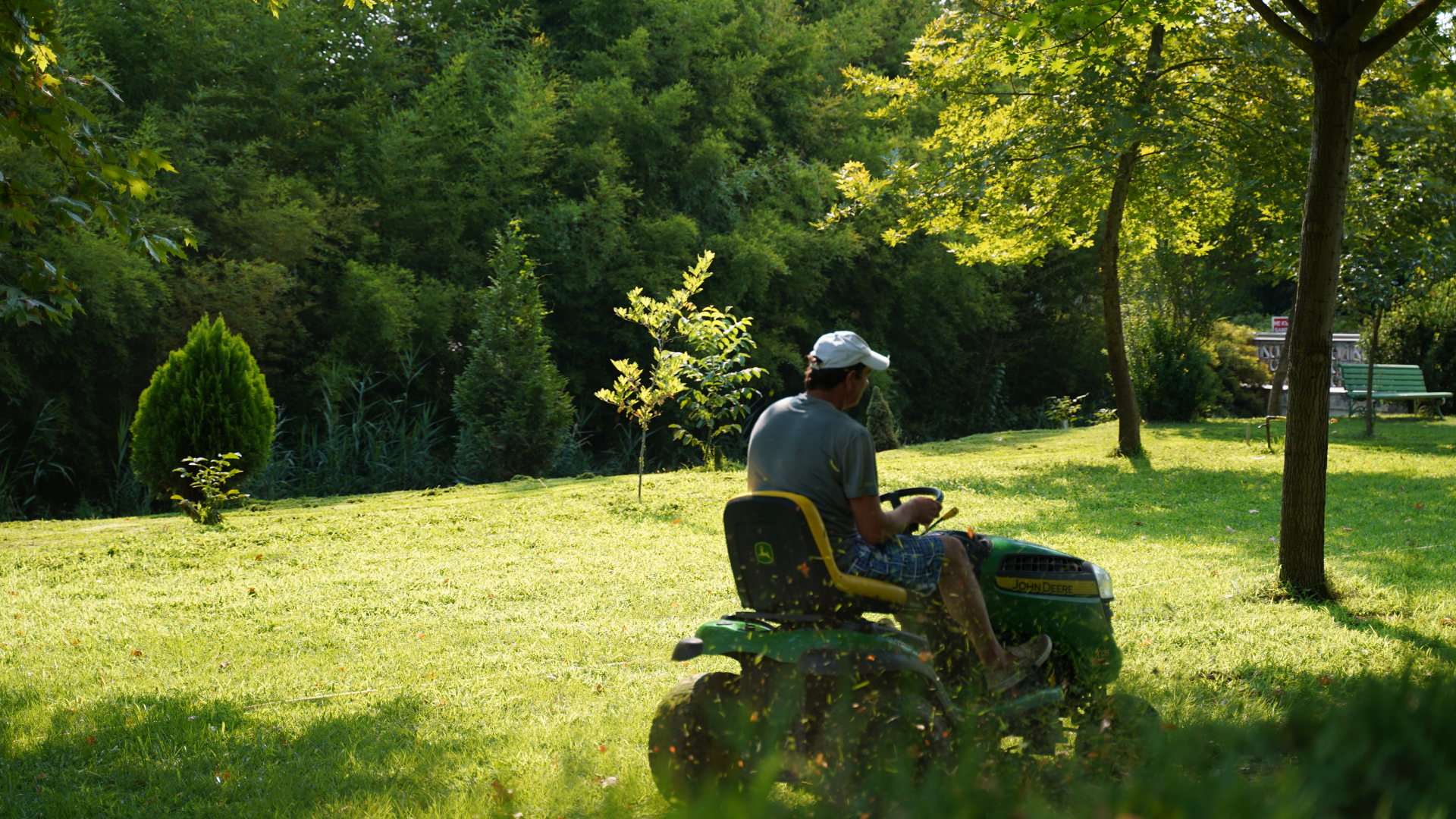 Man on a green riding mower cutting grass in a sunny yard with trees.