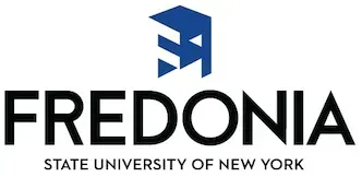 The logo for fredonia state university of new york is blue and black.