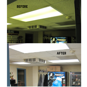 A before and after photo of a room with a powerade vending machine