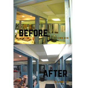 A before and after photo of an office