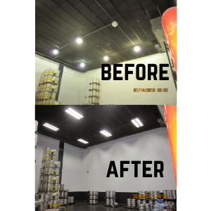 A before and after photo of a warehouse