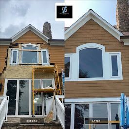 Before and after photos of a house with new windows installed. The 