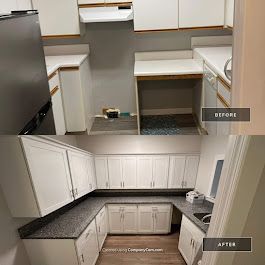 Side-by-side kitchen comparison: Before shows old cabinets, after has new white cabinets and countertops.