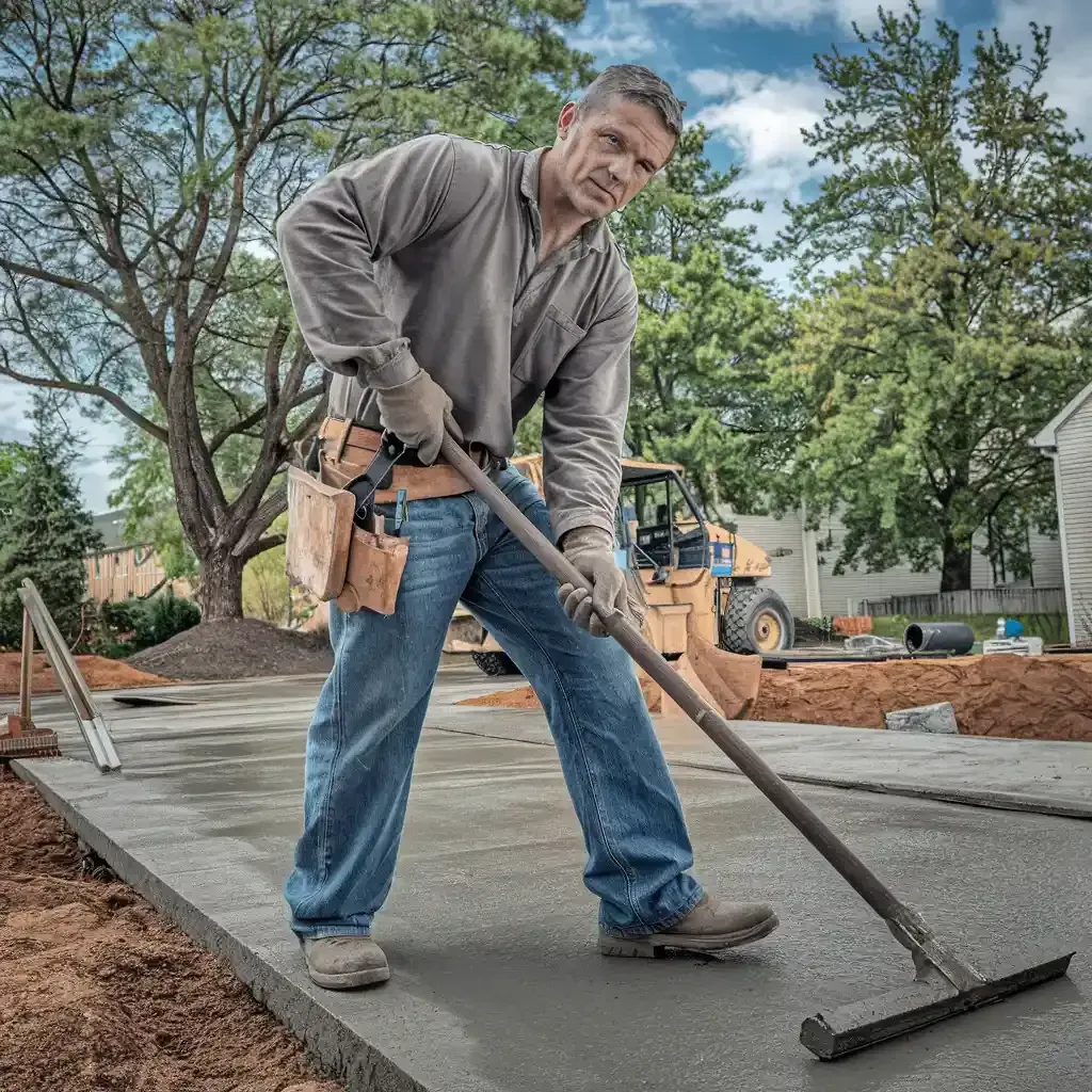 A man is raking concrete on a construction site.