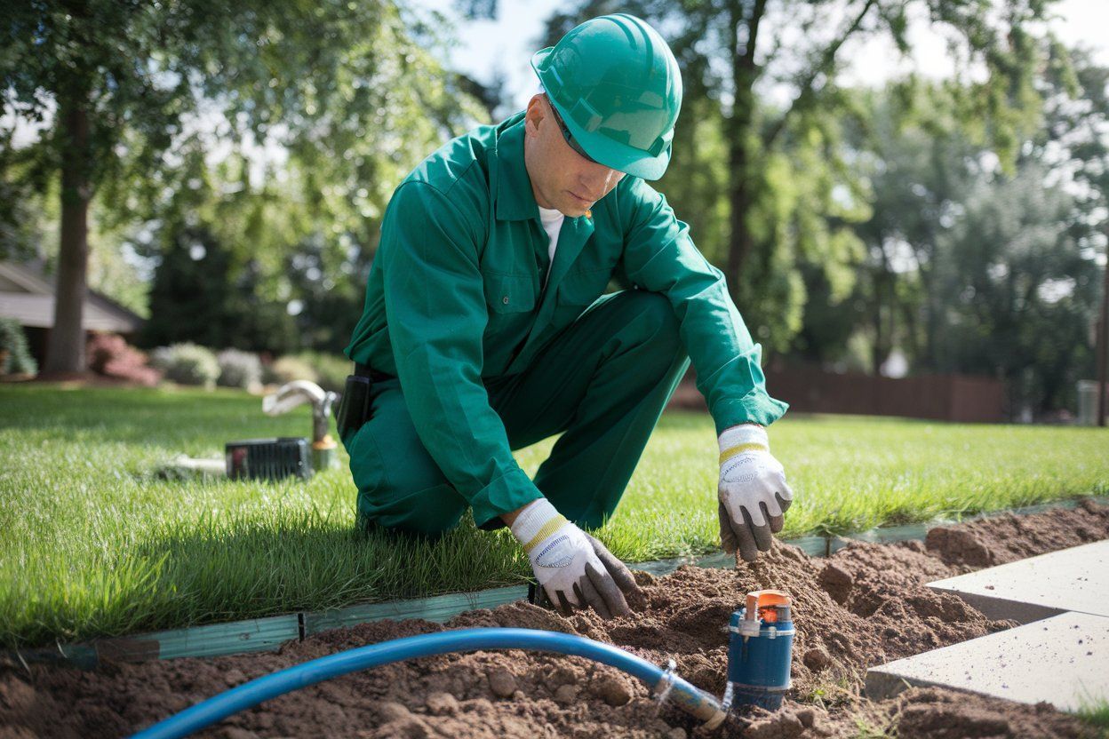 A man in a green uniform and hard hat is working on a sprinkler in a yard.