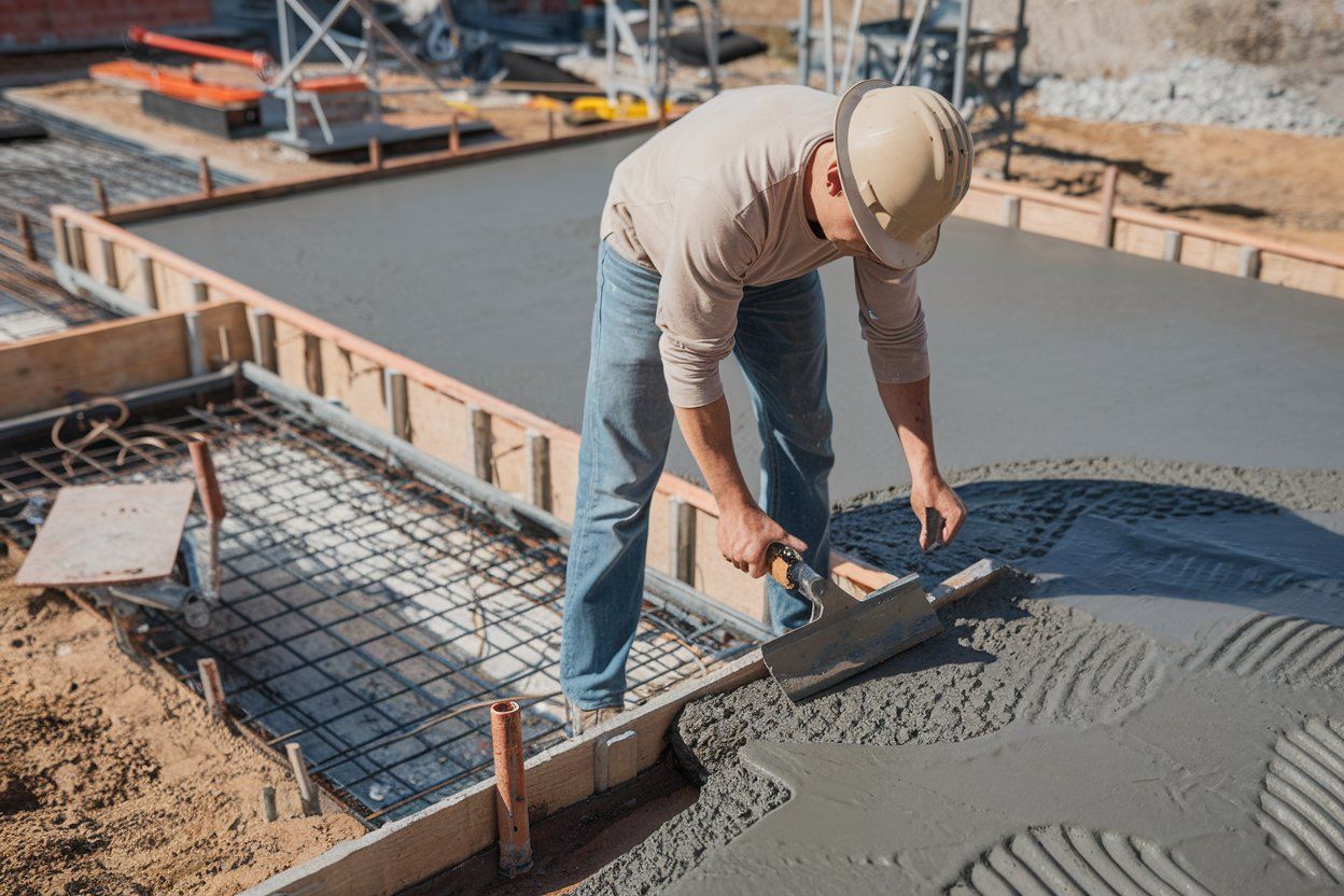 A man is spreading concrete on a construction site with a trowel.