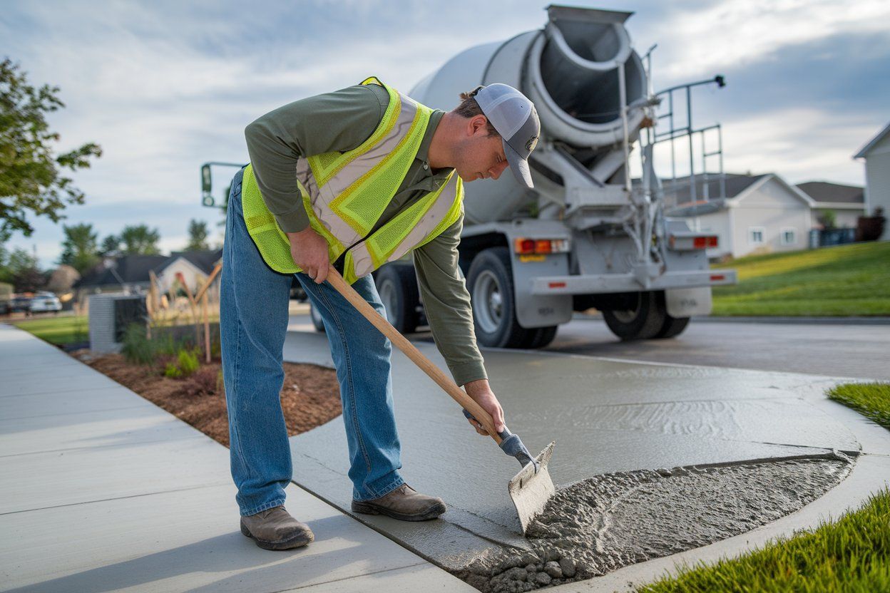 A man is shoveling concrete on a sidewalk in front of a cement truck.