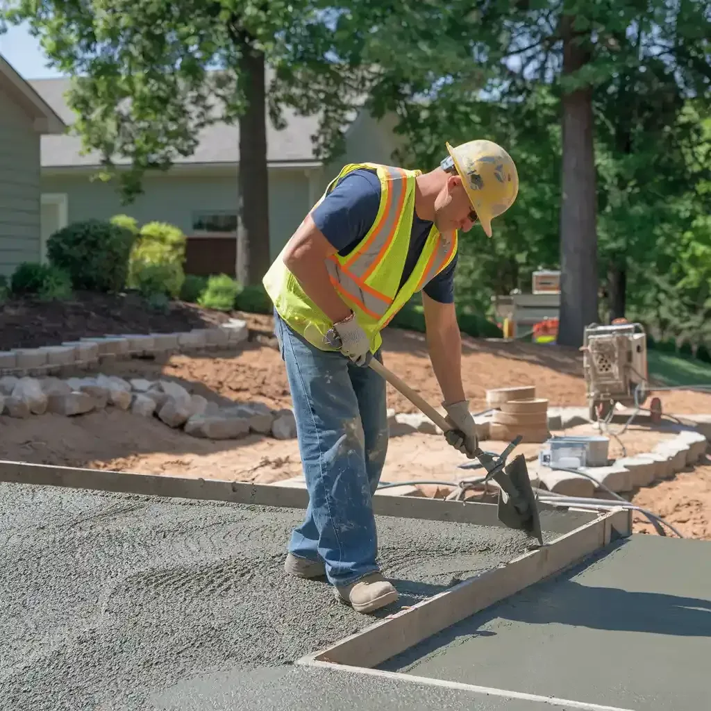 A construction worker is spreading concrete with a shovel.