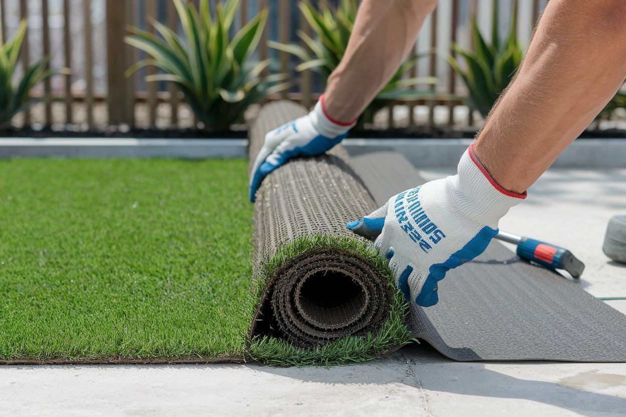 A person is rolling a roll of artificial grass on the ground.