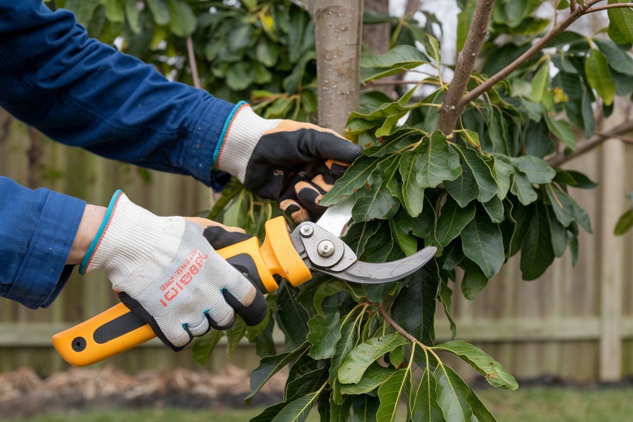 A person is cutting a tree branch with a pair of scissors.