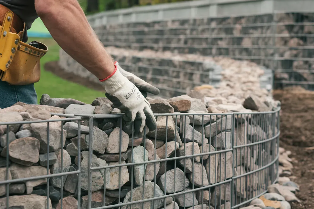 A man wearing gloves is working on a stone wall.