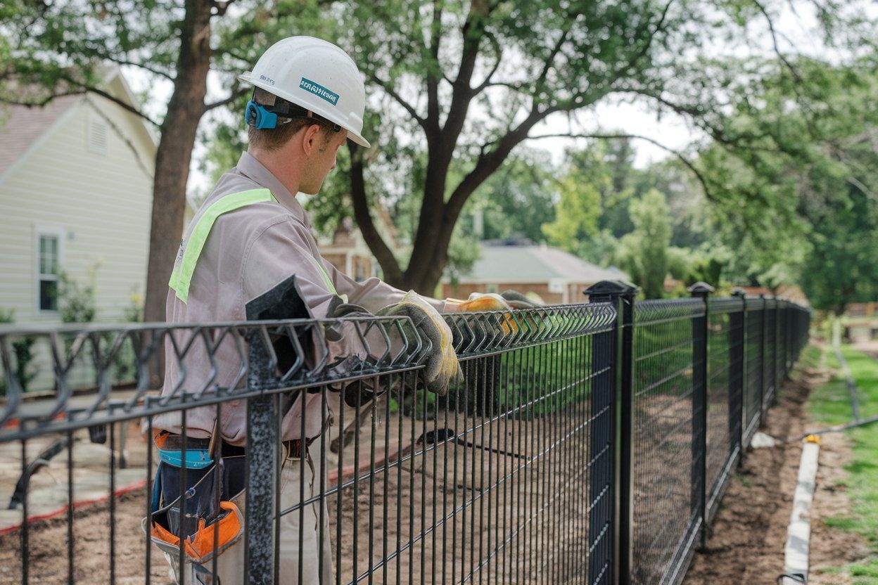 A man is working on a fence in front of a house.