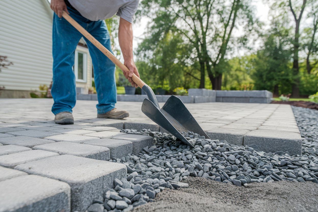 A man is using a shovel to spread gravel on a patio.