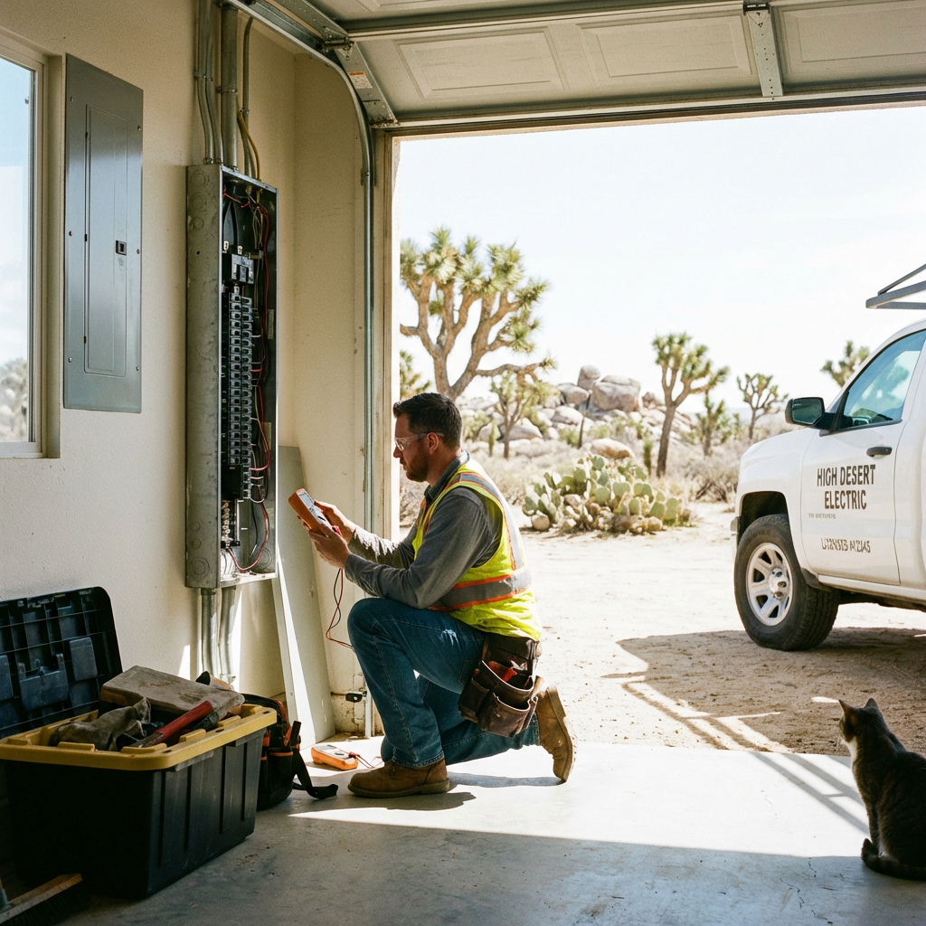 Licensed electrician inspecting electrical panel in Hesperia High Desert home in spring