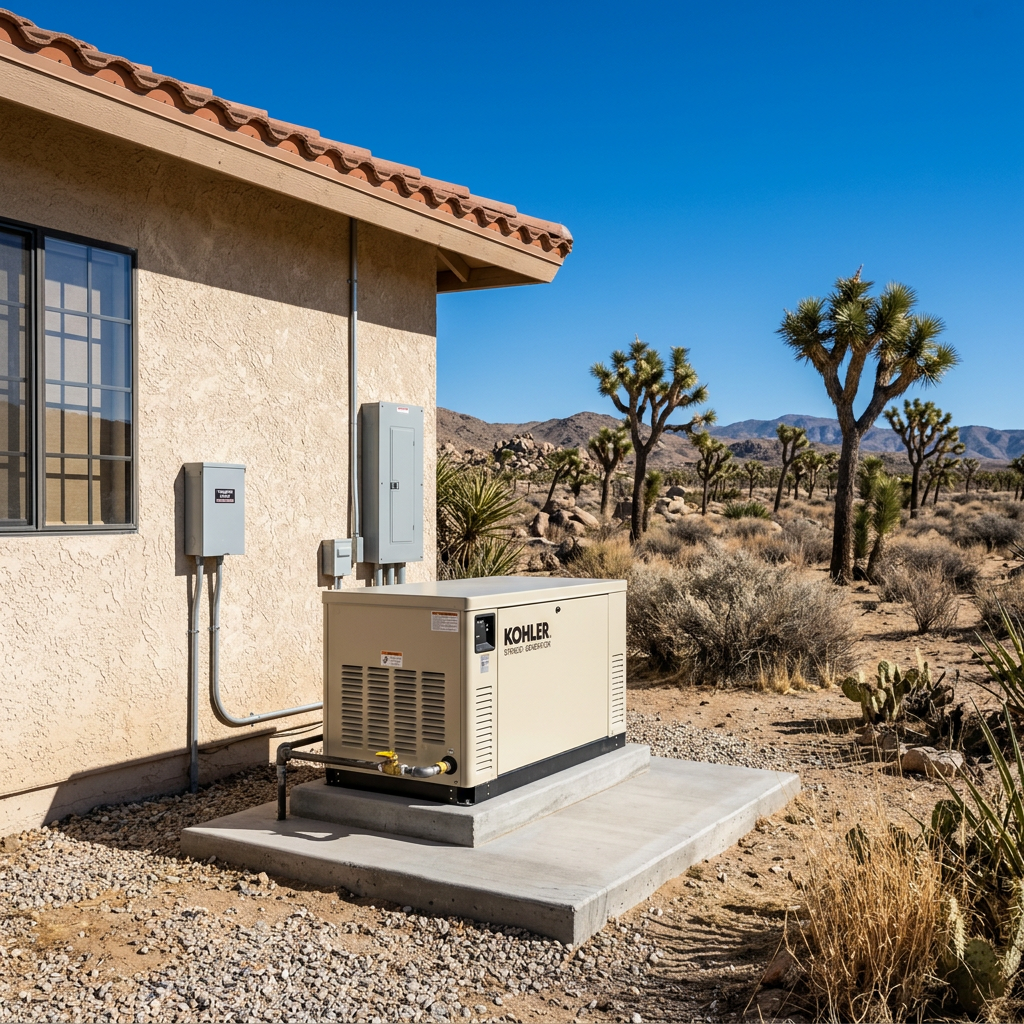 Standby generator installed on concrete pad beside a Hesperia, CA High Desert home