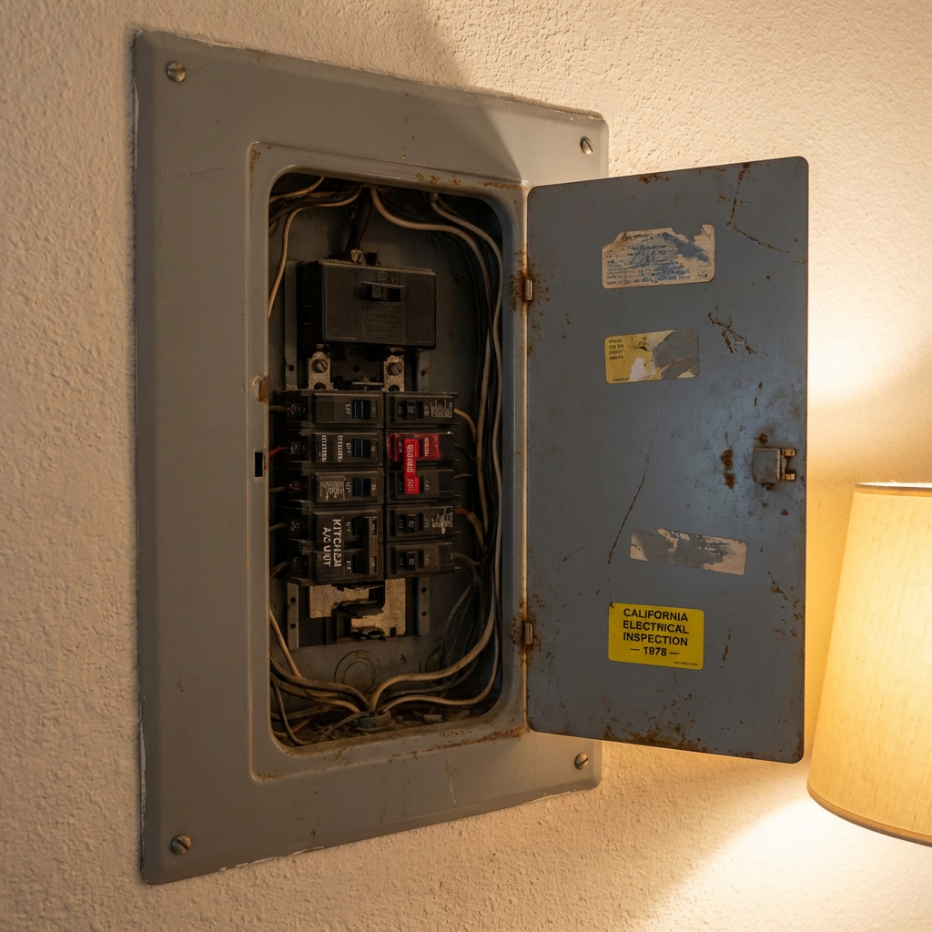 Aging residential electrical breaker panel with tripped breakers in a Hesperia, CA home