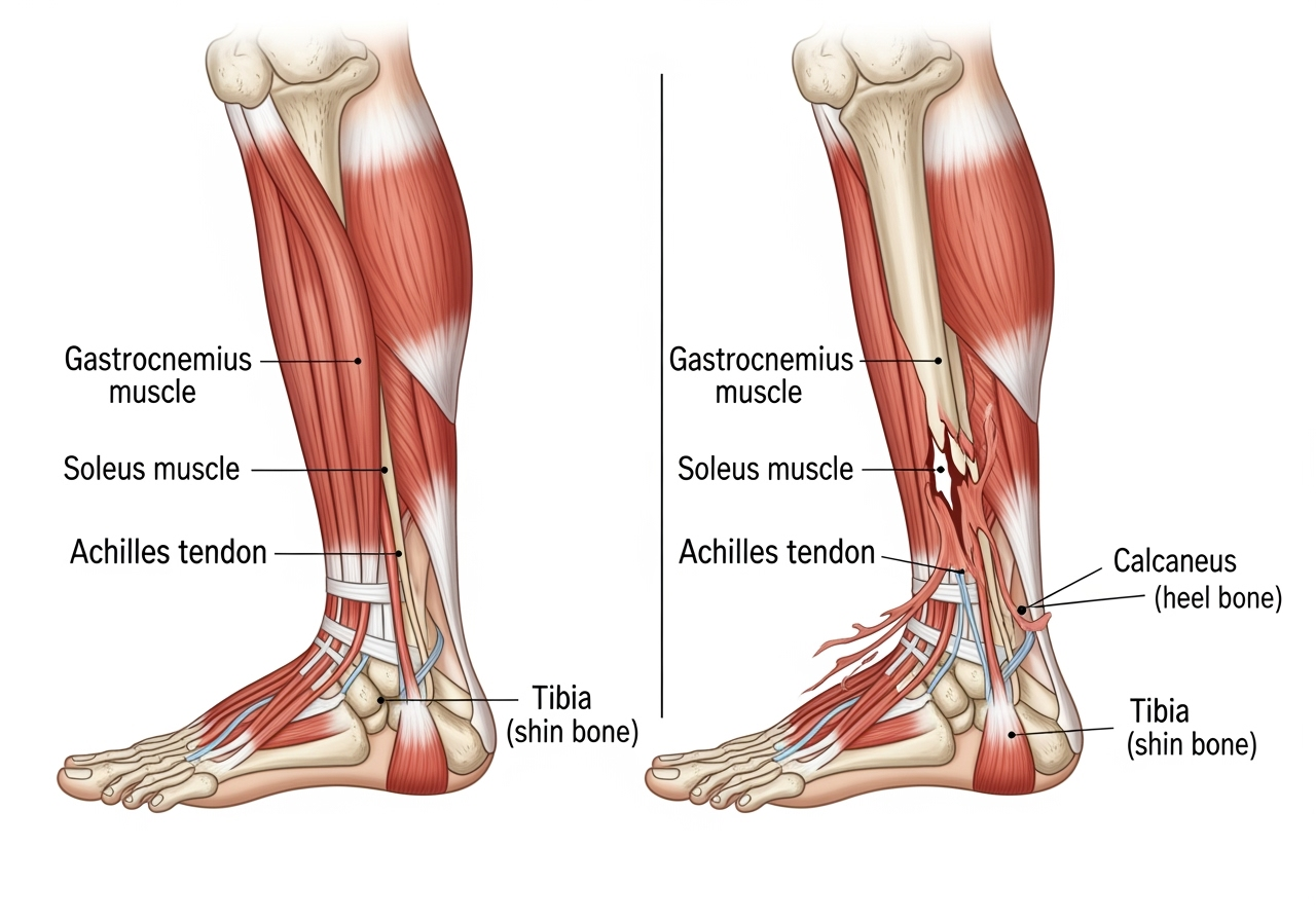 Anatomía Tendón de Aquiles - Tendón Sano vs Roto Diagrama Médico