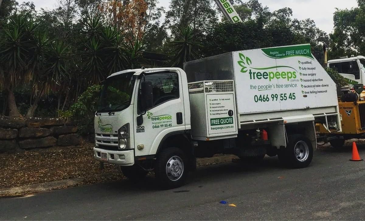 A Treepeeps branded white truck is parked on the side of the road.