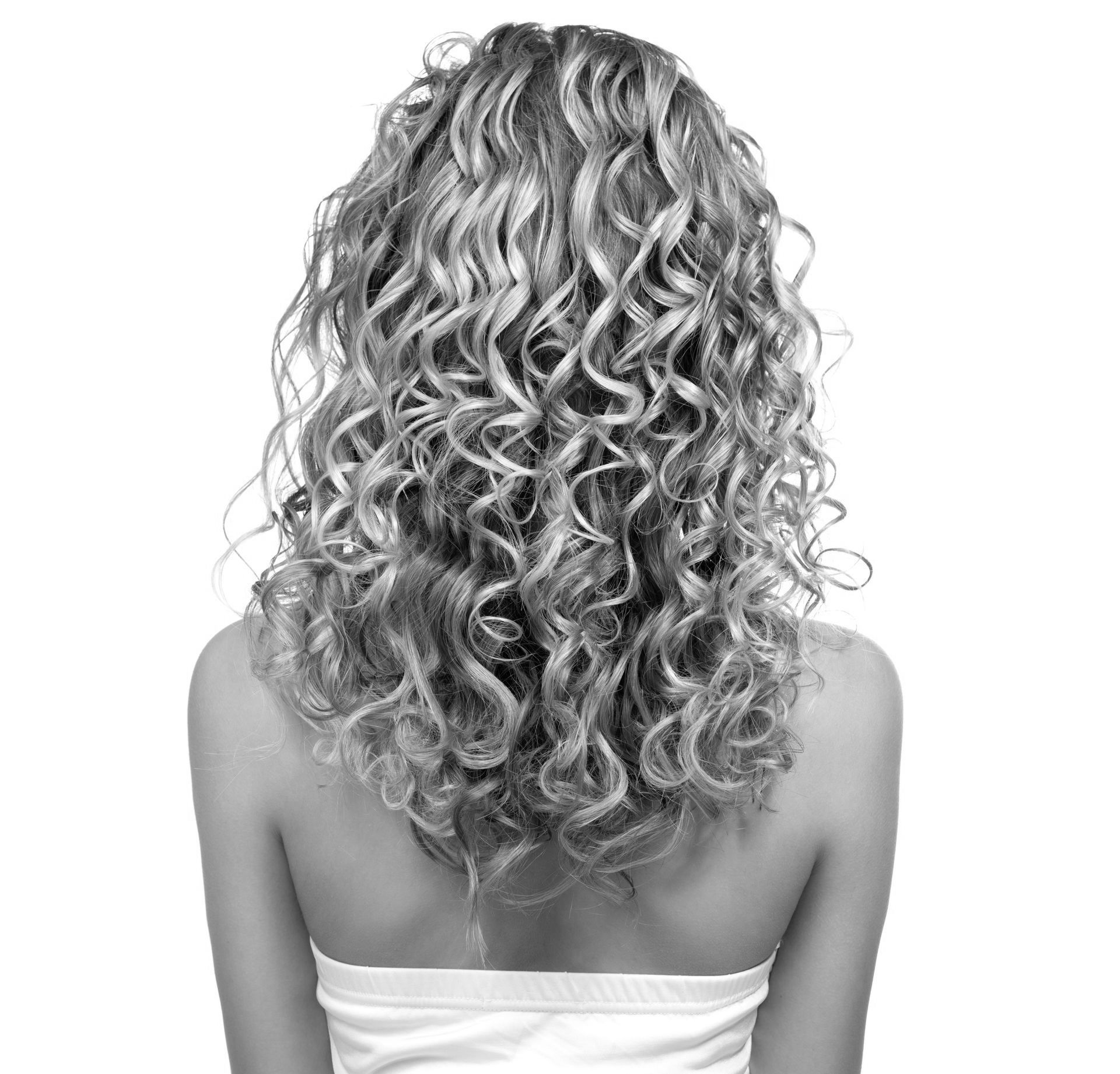 The back of a woman with curly hair is shown in a black and white photo.