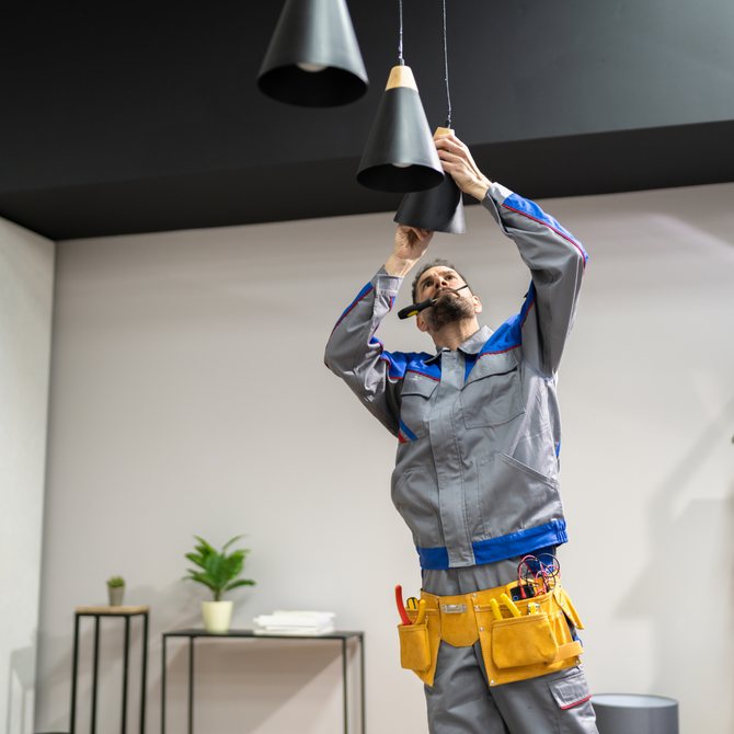 Electrician with a beard and yellow hard hat inspecting electrical panel with flashlight.
