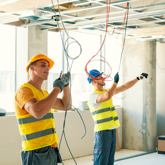 Electrician with a beard and yellow hard hat inspecting electrical panel with flashlight.