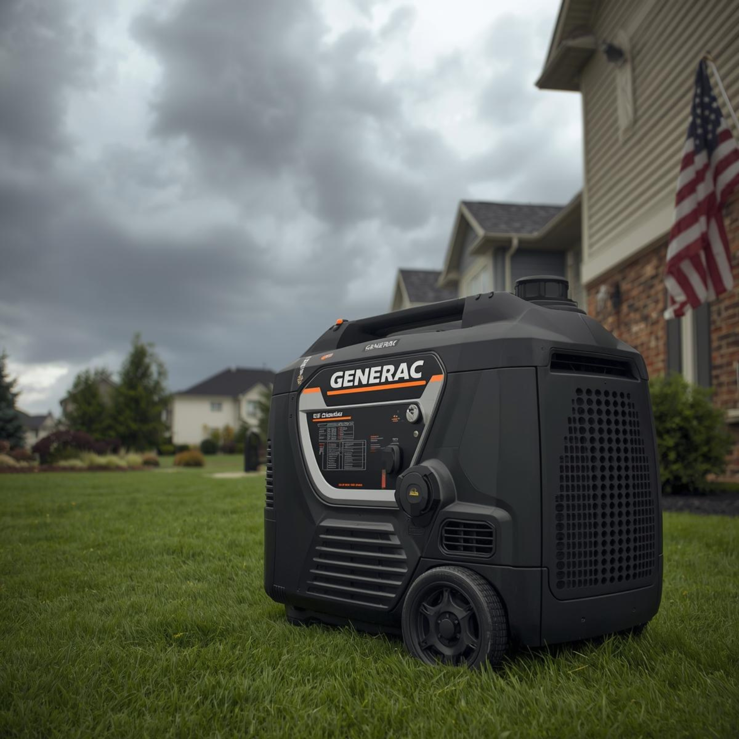 Generac generator on green lawn in front of a house, cloudy sky overhead. American flag visible.