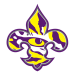 LSU Tigers fleur-de-lis logo with tiger eye and purple and gold tiger print.